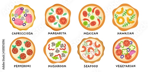 Different pizza types. Various popular Italian recipes, dough with vegetables, cheese and tomatoes, margherita and pepperoni, vector set.jpg