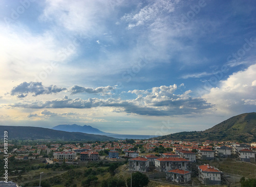 The view of Samothrace Island and Kaleköy from Gökçeada city center. Aegean sea town Imbros island in canakkale Turkey 