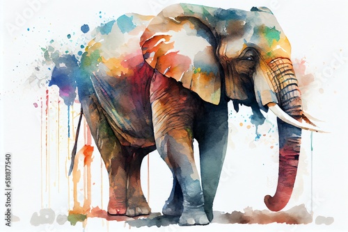 Watercolor Illustration of a Colorful Elephant Standing In Front Of White Background. Generative AI © Pixel Matrix