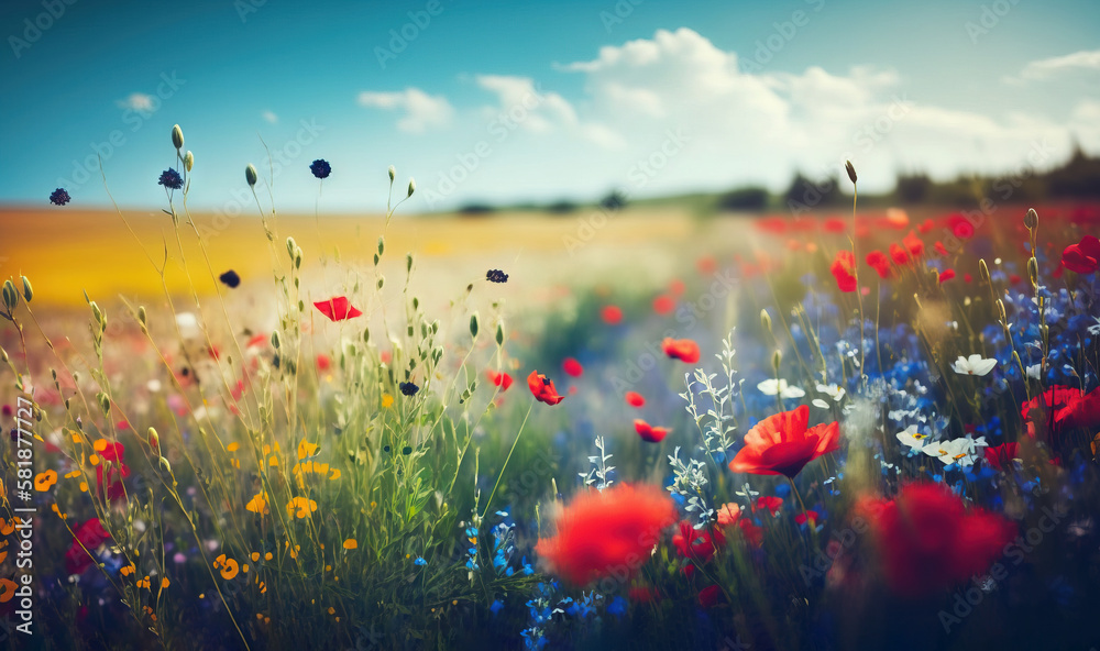  a field full of red, white, and blue flowers with a blue sky in the background and clouds in the sky over the field.  generative ai