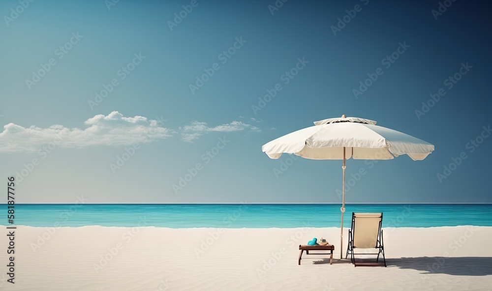  a chair and umbrella on a beach with a blue sky in the background and the ocean in the foreground with a white cloud in the sky.  generative ai