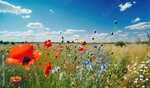  a field full of flowers and grass under a blue sky with clouds in the background and a blue sky with clouds in the middle of the sky. generative ai