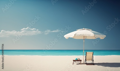  a chair and umbrella on a beach with a blue sky in the background and the ocean in the foreground with a white cloud in the sky. generative ai
