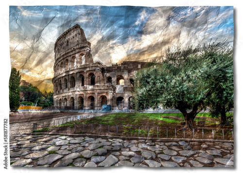 Italy, Rome - Sunset behind the Colosseum, the most famous Roman landmark sightseeing.