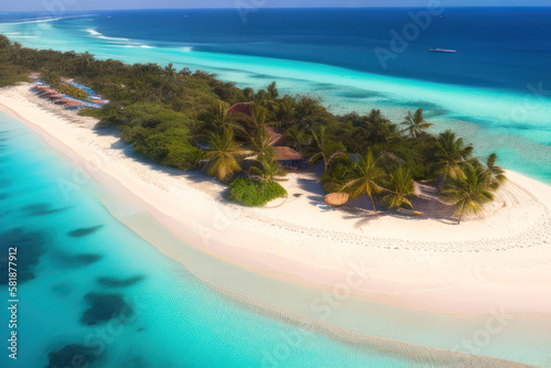 Maldives. View from the quadcopter on the picturesque beach, the surf. Travel concept of ecological environment. Generative AI