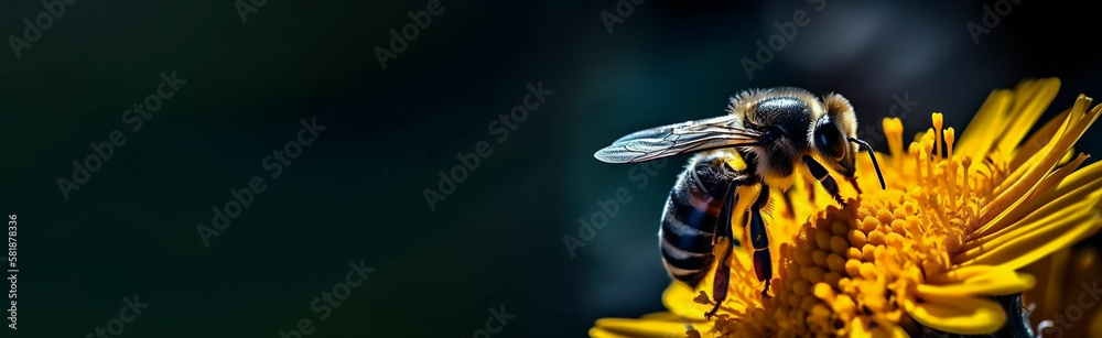 Bumble Bee on Beautiful Yellow Bloom, Banner, Copy Space, Generative AI Bumble Bee on Beautiful Yellow Bloom, Banner, Copy Space, Generative AI