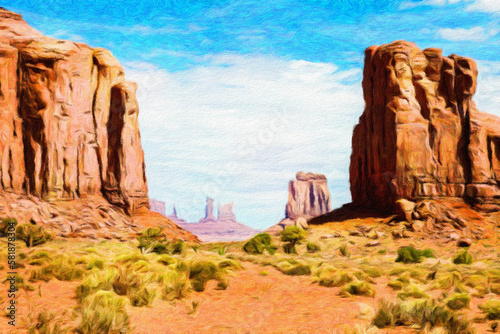 Creative illustration in vintage watercolor design - Monument Valley in USA, red panorama with blue sky.