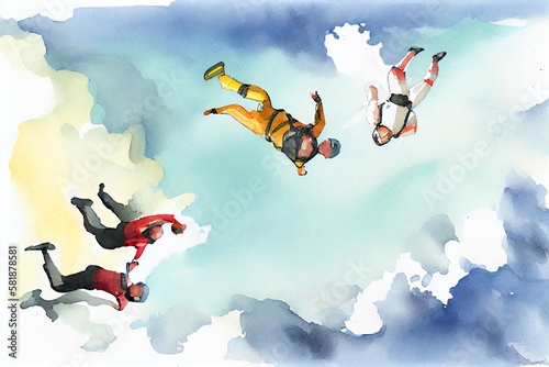 Watercolor Illustration of a Athletes Skydivers Jump From An Airplane Falling In Free Fall Above The Ground And Clouds. Generative AI