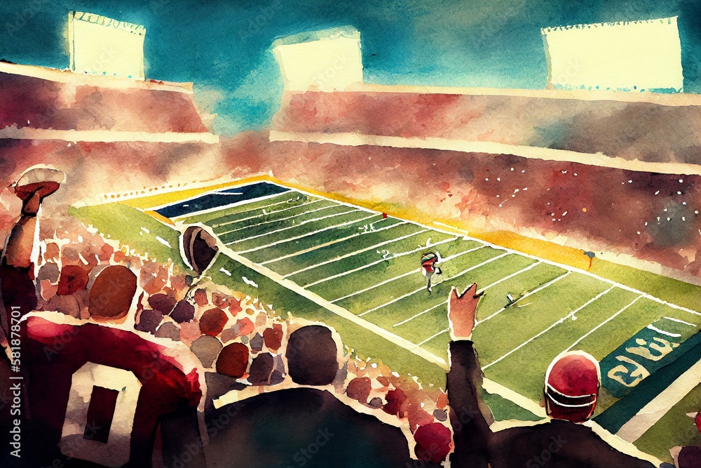 Konstfotografi Watercolor Illustration of a American Football, Superbowl Match In Large Stadium