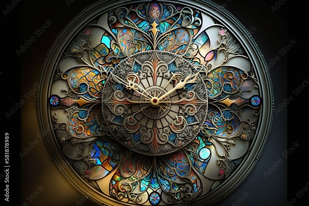 Stained glass clock face with intricate patterns and details, concept