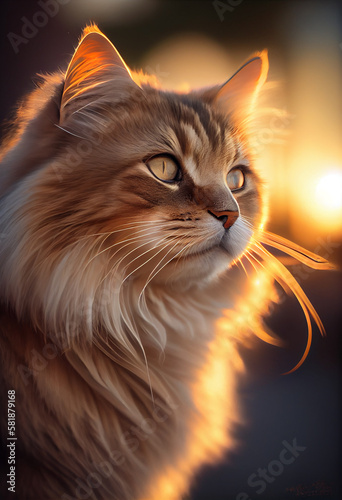 Fluffy red cat looks into the distance in the rays of golden light. AI Generated ©  iiulia
