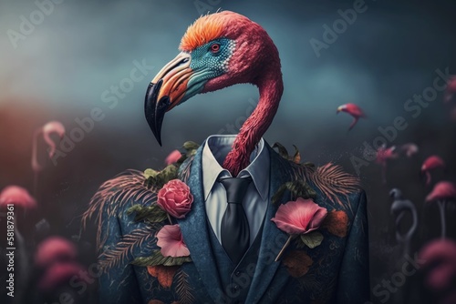 flamingo in a businessman suit. Generative AI © om