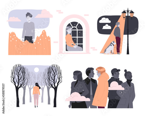Loneliness with Lonely Man and Woman Character Feeling Depression and Sadness Vector Set