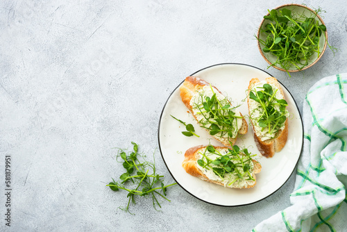Toast with cream cheese and micro greens. Healthy food, natural vitamins. Top view.