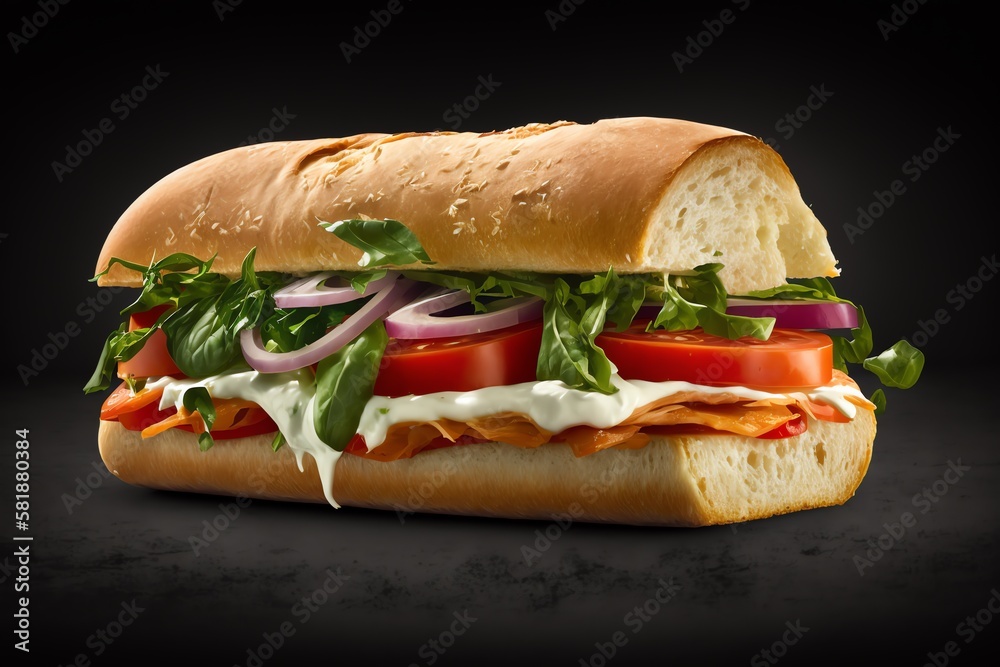 Tasty Chiabatta Sandwich on Black Isolated Background. Toasted panini with ham, vegetables and salad leaves. Generative AI Tasty Chiabatta Sandwich on Black Isolated Background. Toasted panini with ham, vegetables and salad leaves. Generative AI