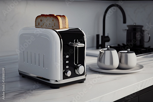 Toaster with dishes and sandwiches on a light kitchen table