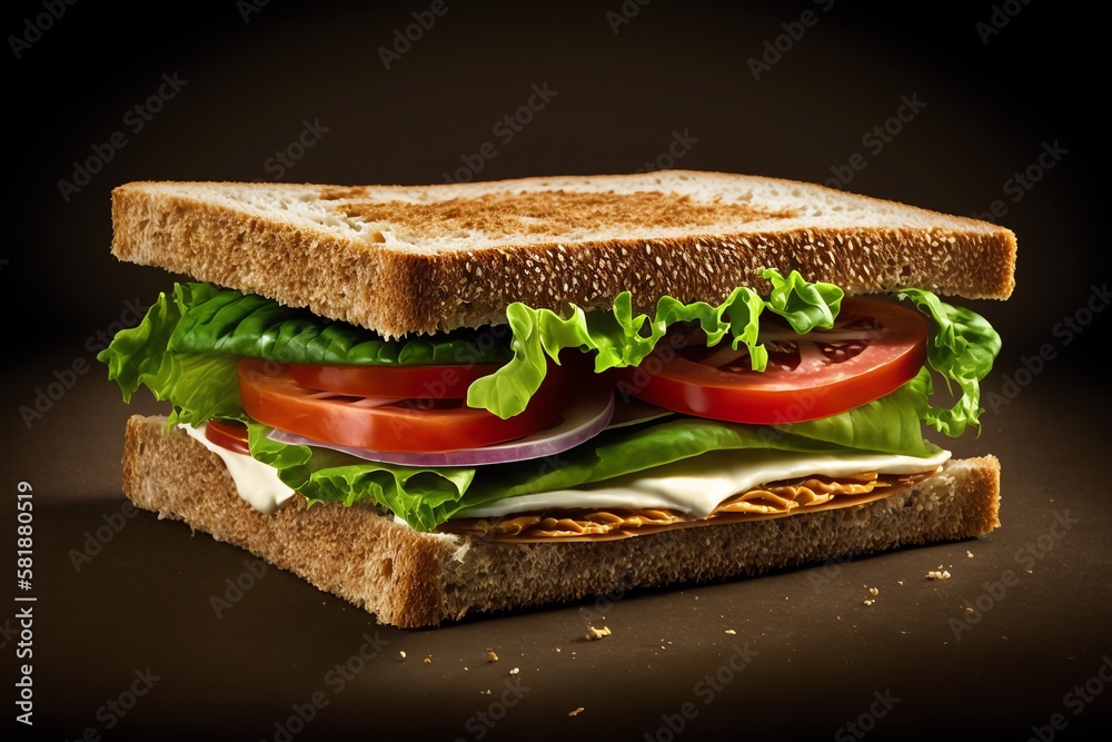Tasty Chiabatta Sandwich on Black Isolated Background. Toasted panini with ham, vegetables and salad leaves. Generative AI Tasty Chiabatta Sandwich on Black Isolated Background. Toasted panini with ham, vegetables and salad leaves. Generative AI