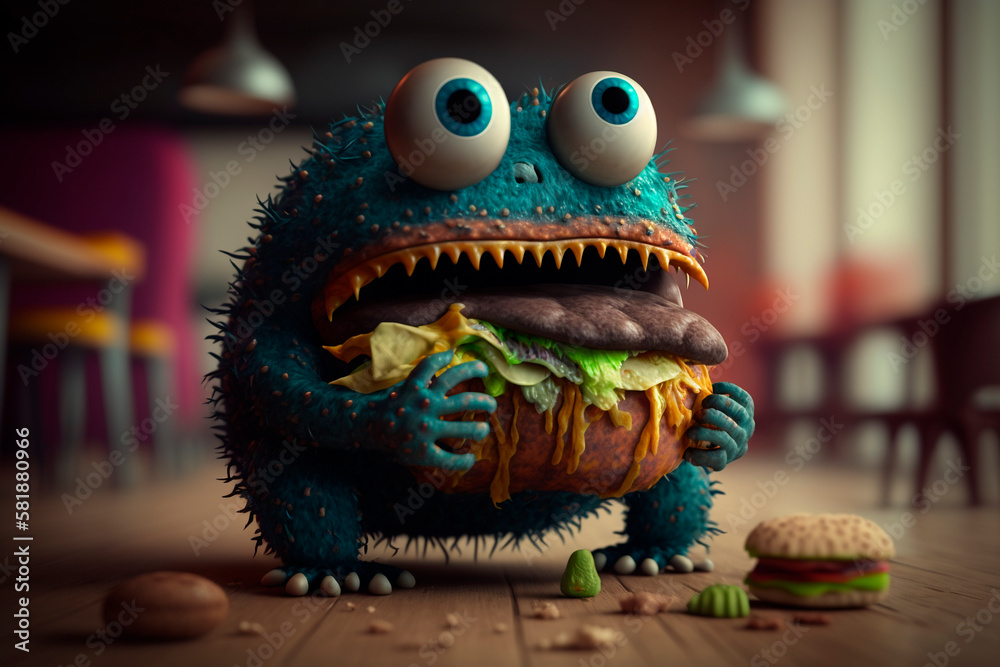 Cartoon character and fast food. Generative AI. Funny blue round monster eating a hamburger. Image for children's book, pizzeria, notebook.