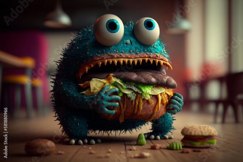 Cartoon character and fast food. Generative AI. Funny blue round monster eating a hamburger. Image for children's book, pizzeria, notebook. © Yuliia