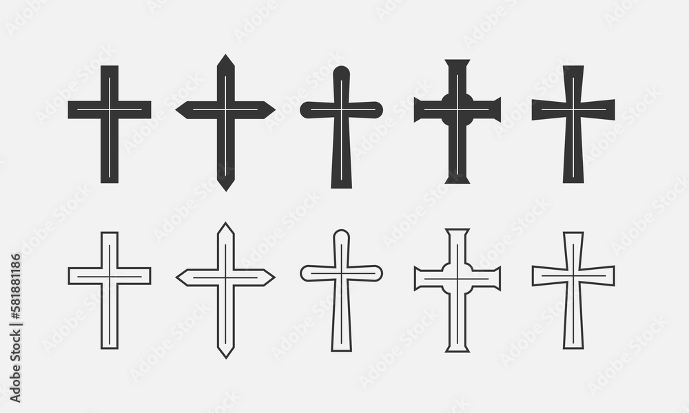 Christian cross set. Line icon symbols of church. Catholic, orthodox and cross crucifix. Vector illustration
