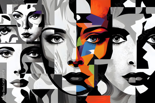 Face art collage. Abstract woman portrait combined with geometric elements. AI Generative © narokzaad