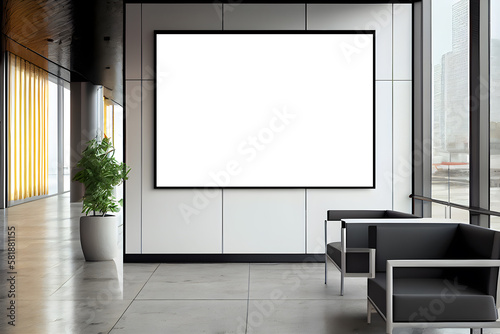 Interior of a modern office waiting room with a blank poster on the wall. Mockup, AI Generative © narokzaad