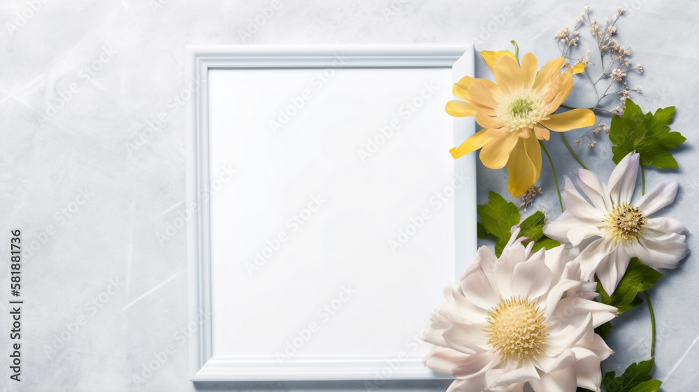 Mockup of picture frame decorated with spring flowers clean space for text on white background. Mockup of picture frame decorated with spring flowers clean space for text on white background.