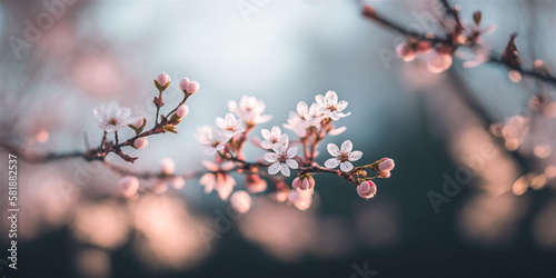 Flowers of the cherry blossoms with bl;urred bokeh, ai generated