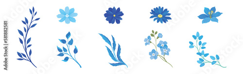 Blue Flowers and Floral Leafy Twigs Decorative Elements Vector Set
