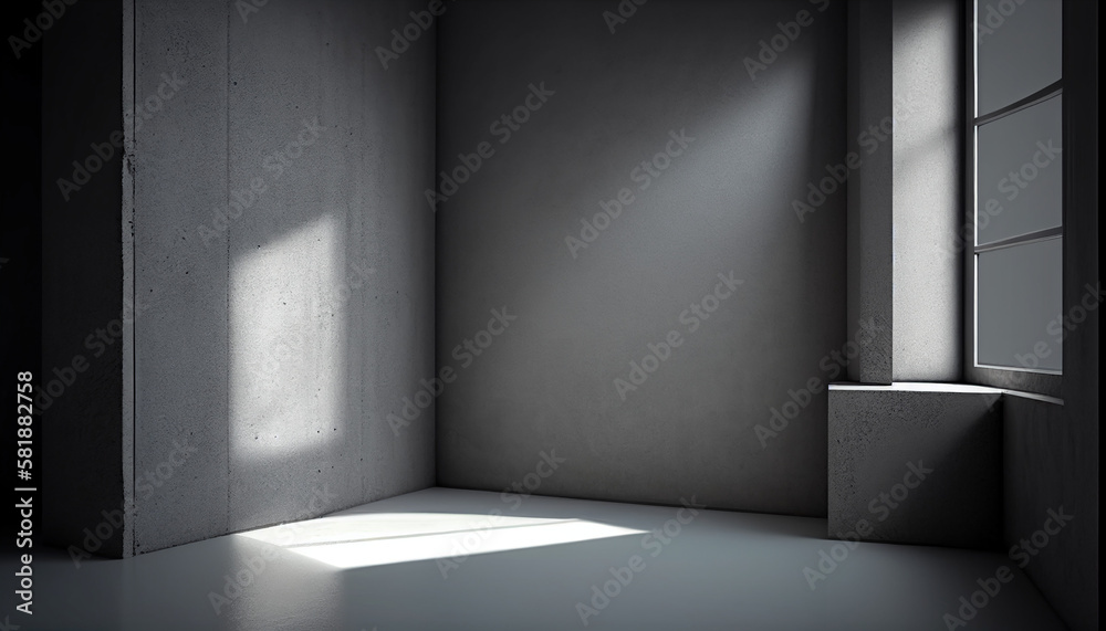 Obraz premium Minimalist studio with grey cement texture and play of light and shadow, Generative AI