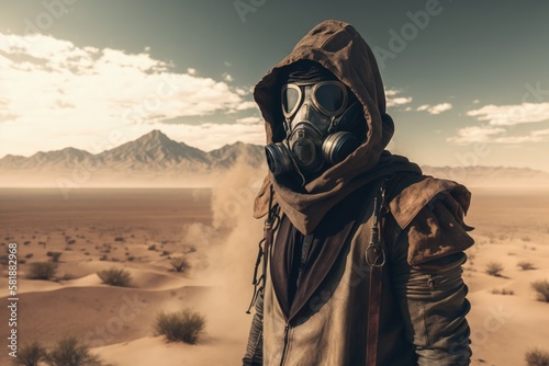 Illustration of man with hood and gas mask, post apocalyptic desert landscape. Generative AI photo