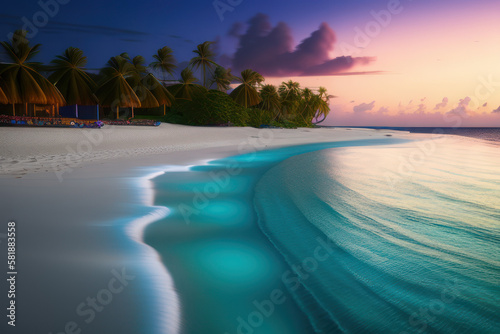 Maldives. View of the picturesque beach at evening  the surf  beautiful clouds at sunset. Travel concept of ecological environment. Generative AI