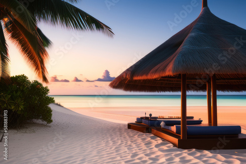 Maldives. View of the picturesque beach at evening  the surf  beautiful clouds at sunset. Travel concept of ecological environment. Generative AI