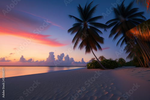 Maldives. View of the picturesque beach at evening  the surf  beautiful clouds at sunset. Travel concept of ecological environment. Generative AI