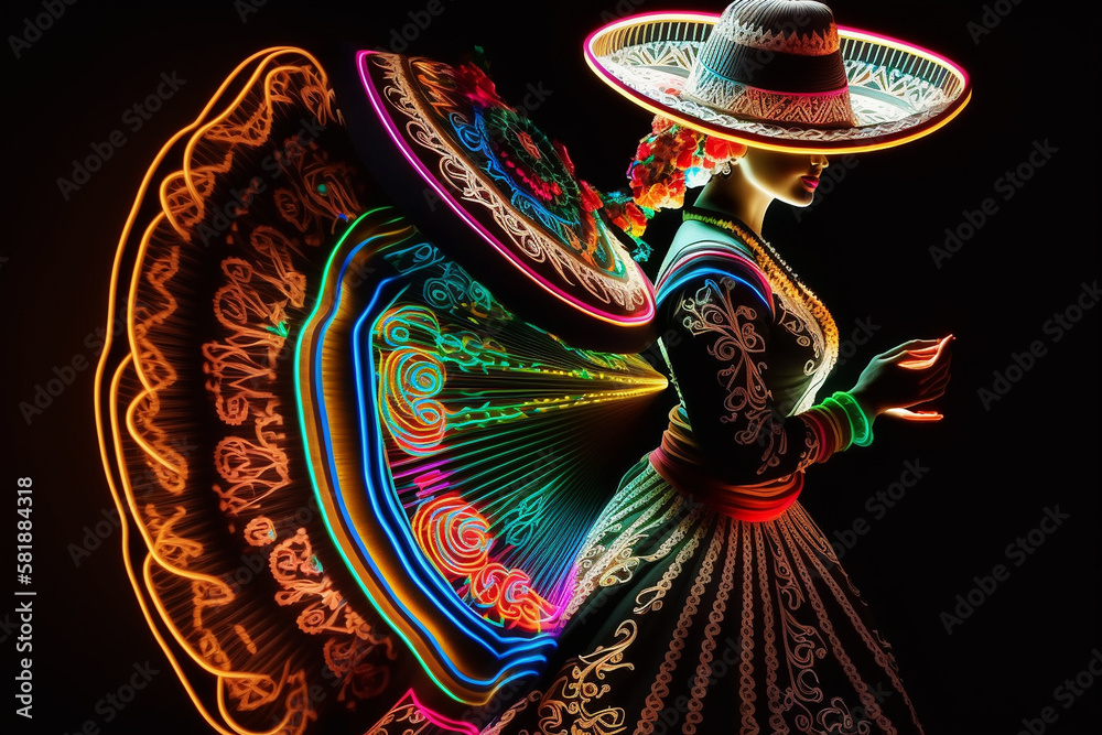 Fabulous Cinco de Mayo female dancer in neon light. Beautiful female model in traditional costume and sombrero dancing..Generative AI - obrazy, fototapety, plakaty 