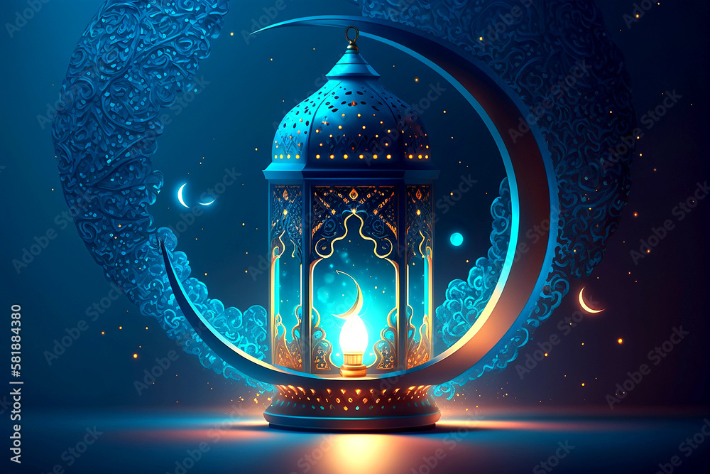 holographic Ramadan lantern and crescent moon. Generative AI - obrazy, fototapety, plakaty 