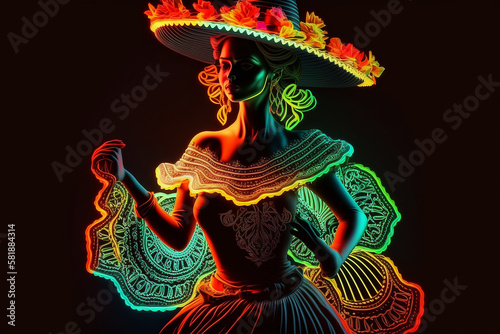 Fabulous Cinco de Mayo female dancer in neon light. Beautiful female model in traditional costume and sombrero dancing..Generative AI