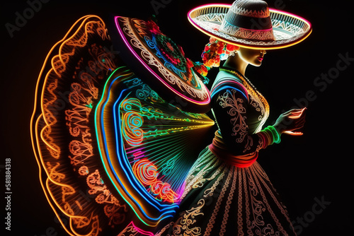 Fabulous Cinco de Mayo female dancer in neon light. Beautiful female model in traditional costume and sombrero dancing..Generative AI photo