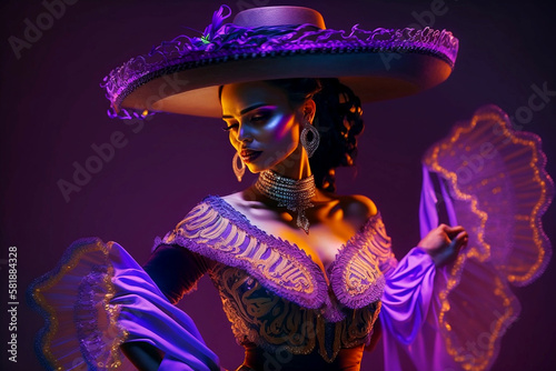 Fabulous Cinco de Mayo female dancer in neon light. Beautiful female model in traditional costume and sombrero dancing..Generative AI photo