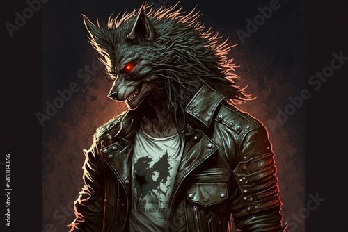 Werewolf illustration with leather jacket, anime style. Generative AI © Deivison