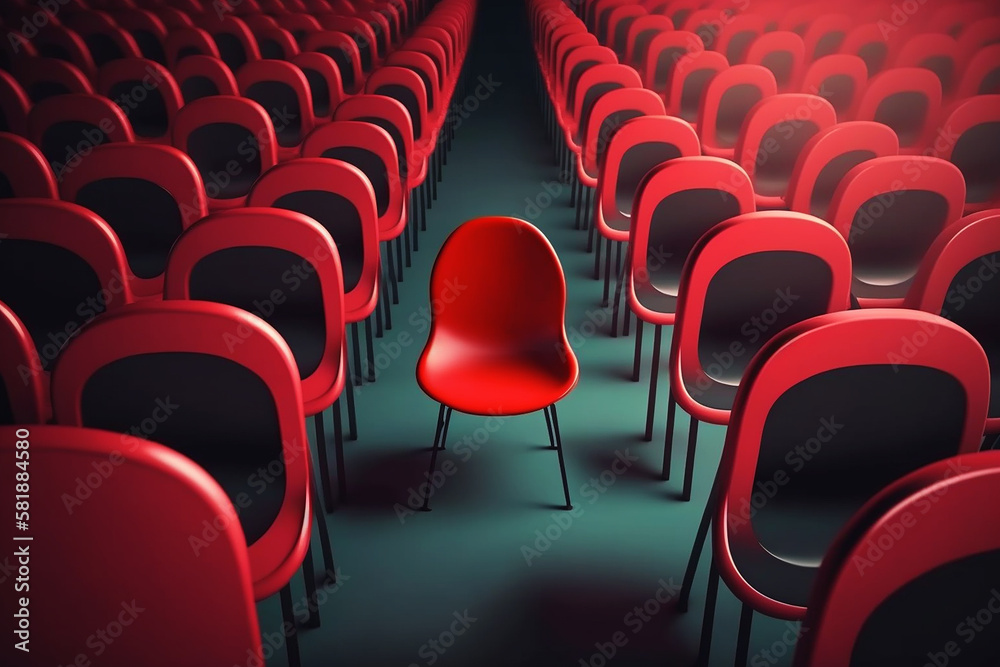Obraz premium one red chair standing out among row of black chairs. Generative AI