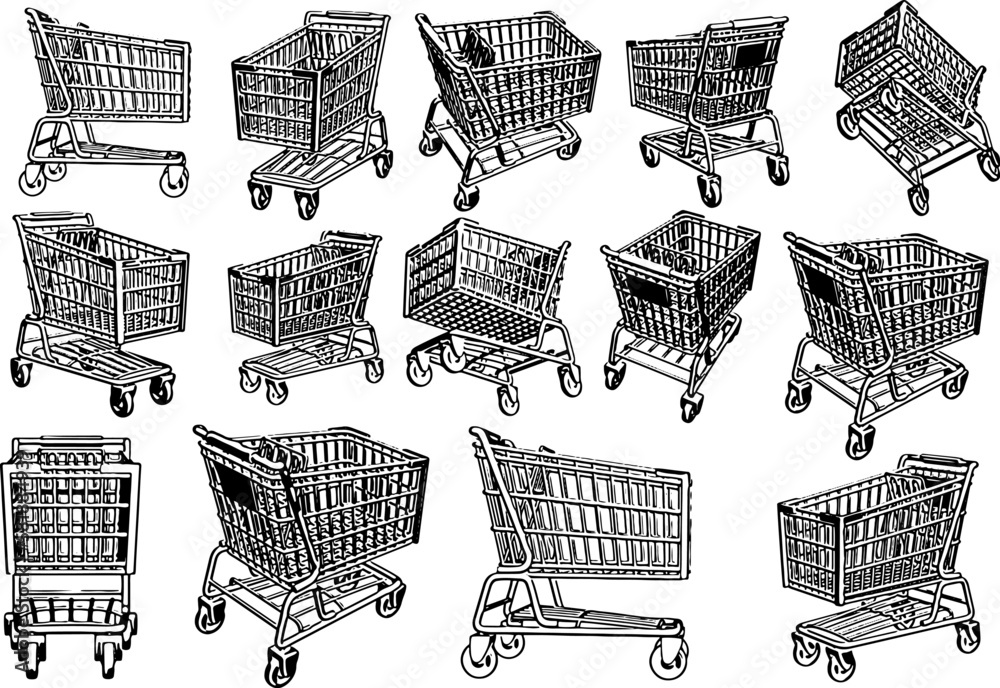 3d shopping cart silhouette set rendrent from every angle, shopping