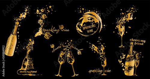 Wine tasting - hand drawn line art of bottles and glasses. Cheers.  Art for menu, shop, market or sale. Wine bottles with wine stains. Sketchy collection of grape leaves and different wine elements.