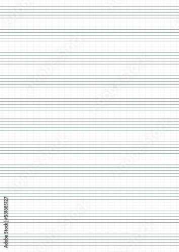 Graph paper. Printable grid paper with stave on a white background. A blank music sheet paper with staff. Geometric pattern for composition, education, school. Realistic lined paper blank size A4