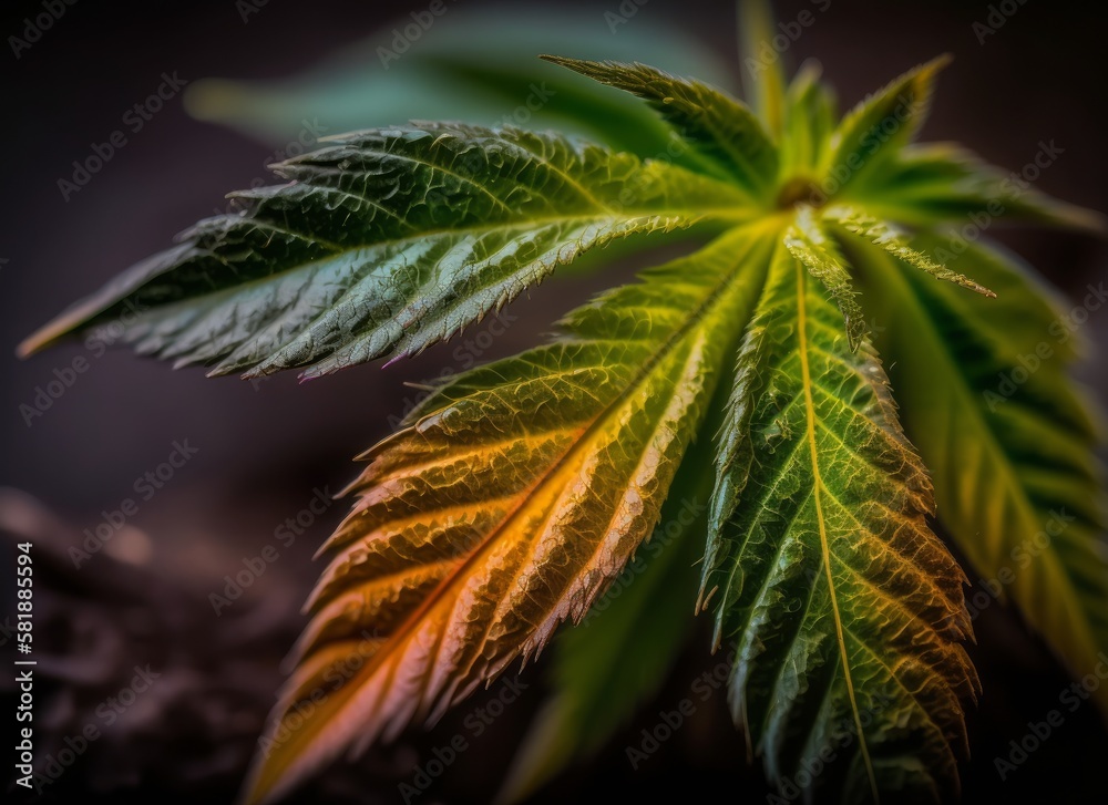 Marijuana leaf on black background. Close-up, macro shoot. Generative AI. Marijuana leaf on black background. Close-up, macro shoot. Generative AI.