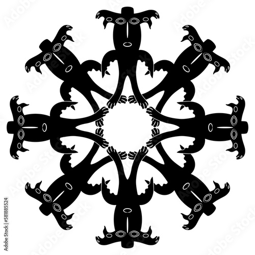 Round geometrical star shape mandala with figurines of owl men. Shaman totem. Fantastic creatures from ancient Siberian mythology. Permian animal style. Black and white silhouette.