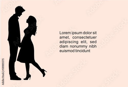 Successful relationship needs trust and tolerance. Romantic silhouette of loving couple.Greeting card, well wishes card. Matrimonial bliss Poster and banner. Editable vector , blank for text. eps 10