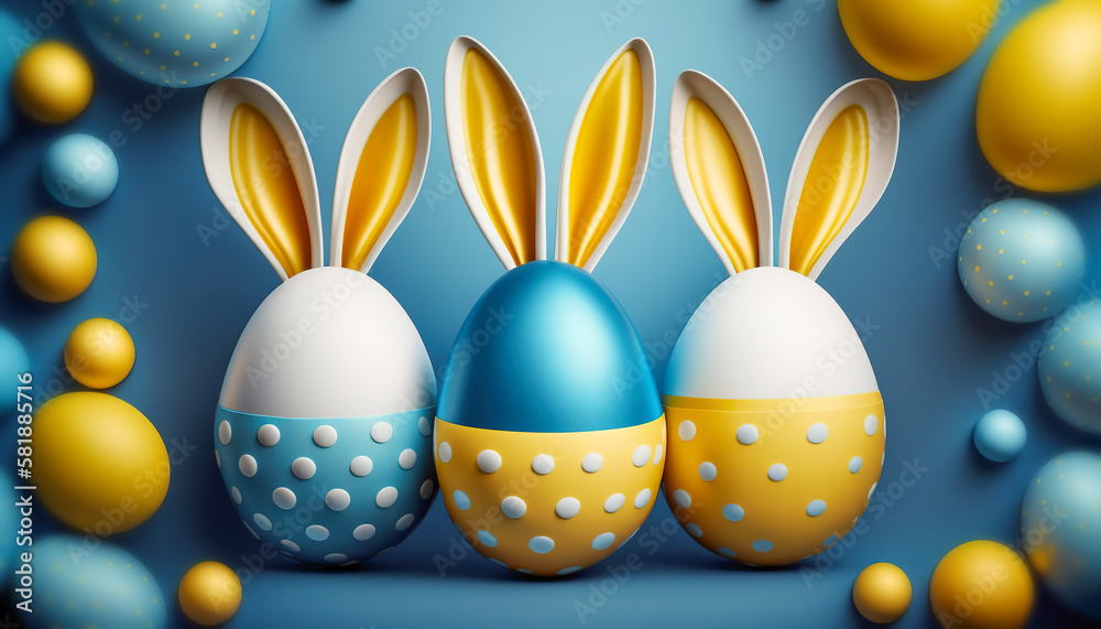 Easter concept in blue and yellow tones. Three dotted Easter eggs with bunny ears surrounded by round and oval decorative elements on blue background. Generative Ai.