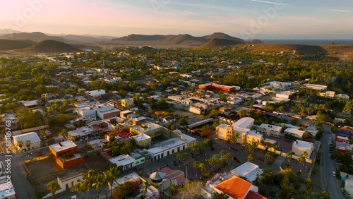 Todos santos in early morning light fly over the city by drone aerial view