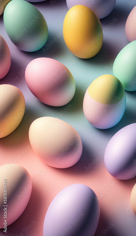 Vertical realistic illustration of Easter eggs collection. Pastel Easter eggs background. Generative Ai.